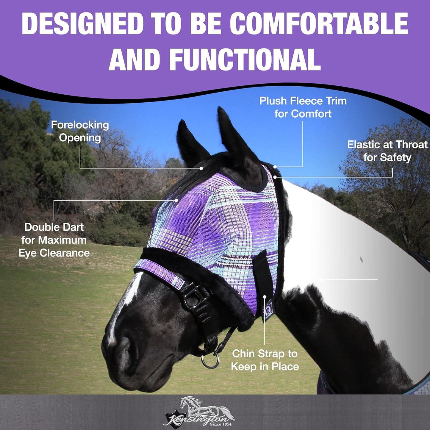 Kensington Fly Mask with Fleece Trim for Horses — Protects Face and Eyes Helps Block Sun Rays While Allowing Full Visibility — Breathable and Non Heat Transferring