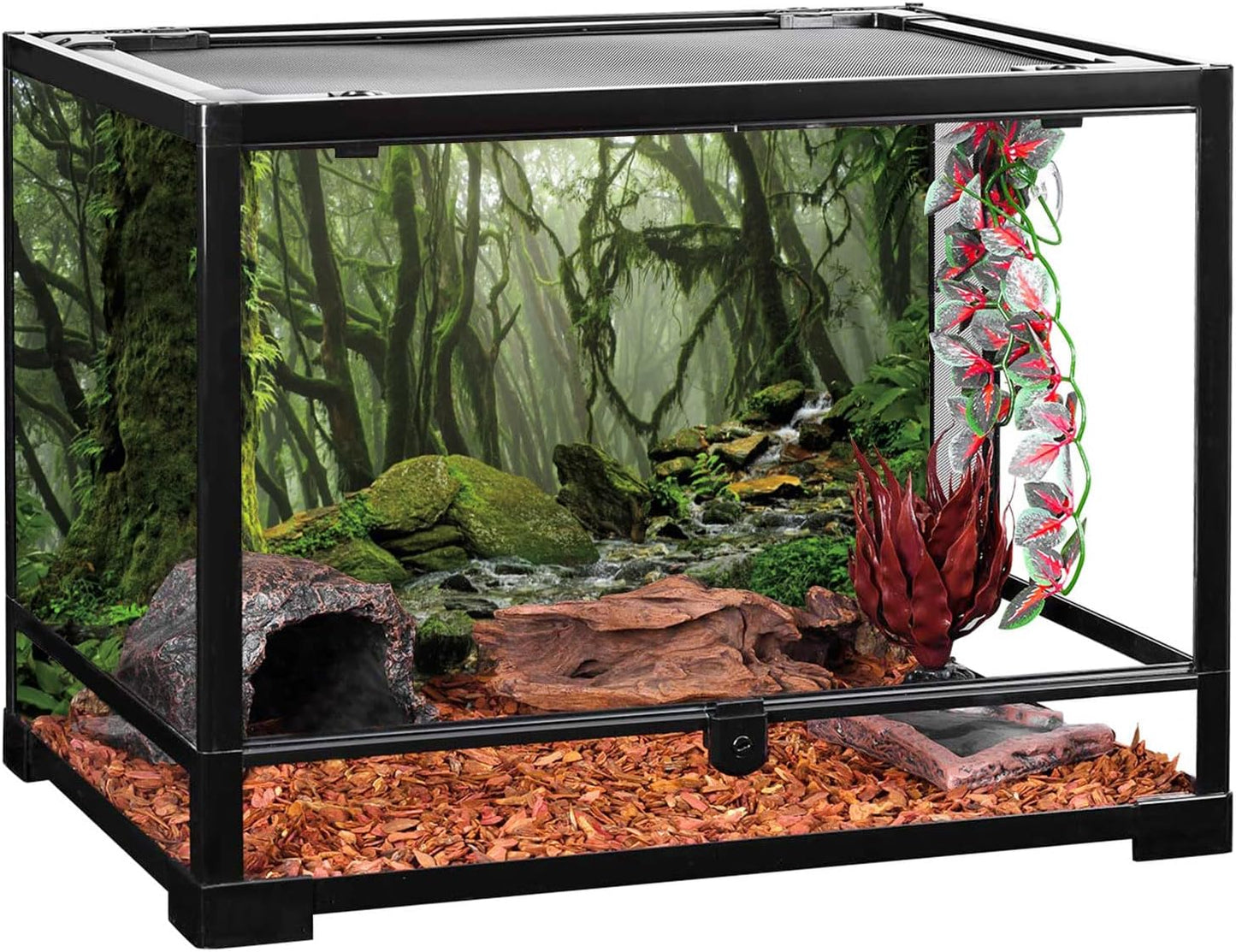 AWERT Foggy Forest Terrarium Background Stream Green Huge Tree Reptile Habitat Background Tropical Rainforest Aquarium Background 36x18 inches Durable Polyester Background