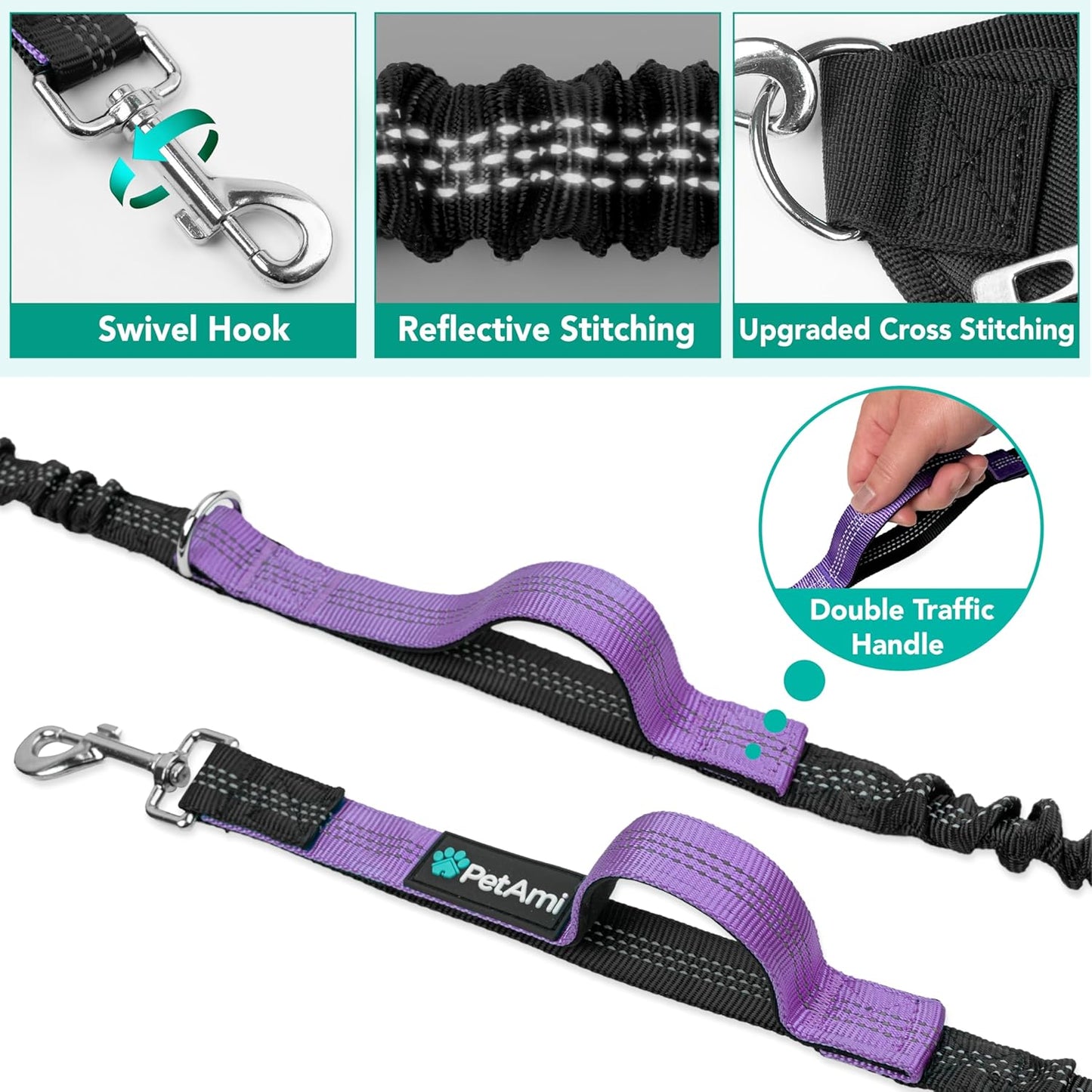 PetAmi Premium Hands Free Dog Leash for 2 Dogs, Adjustable Waist Belt Leash for Dog Walking, Fanny Pack Accessories Bag Dual Bungee Leash for Running, Hiking, Jogging, Biking, Purple