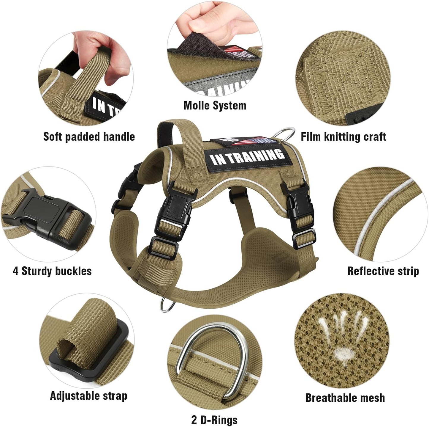 WINSEE Service Dog in Training Harness with 5 PCS Patches, Reflective Tactical Dog Vest Harness, Adjustable Soft Oxford Pet Harness with Easy Control Handle, Hook & Loop Panels for Walking Hiking