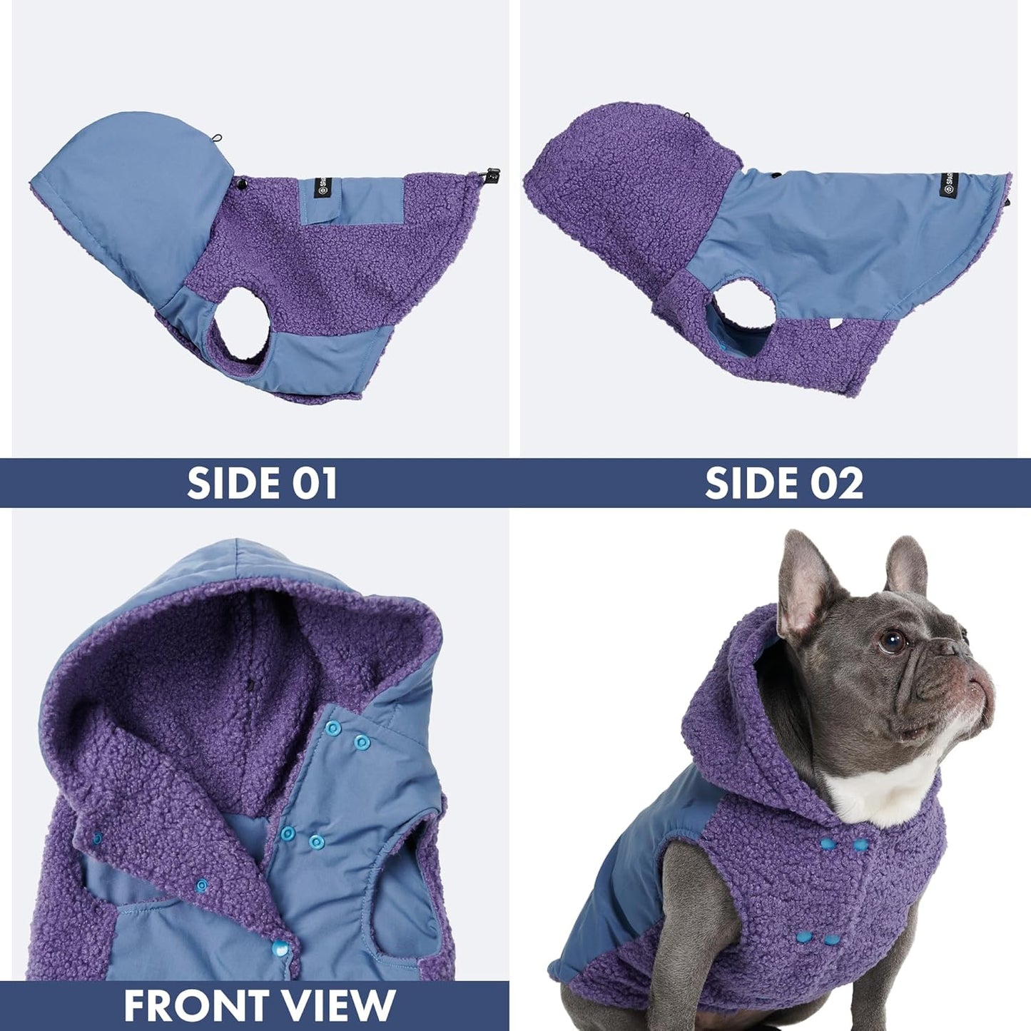 Spark Paws Reversible Dog Sweater, Sherpa Jacket Vest with Warm Fleece Lining, Warm Coat for Winter, Suitable for Small Medium, Large, XL XXL Dogs - Purple and Navy Blue - S