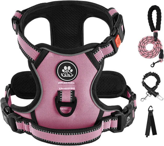 IVY&LANE No Pull Dog Harness for Medium Dogs, Dog Vest Harness with Leash, Safety Belt and Storage Strap, Fully Adjustable Harness, 360° Reflective Strip, Soft Handle (Pink, M)