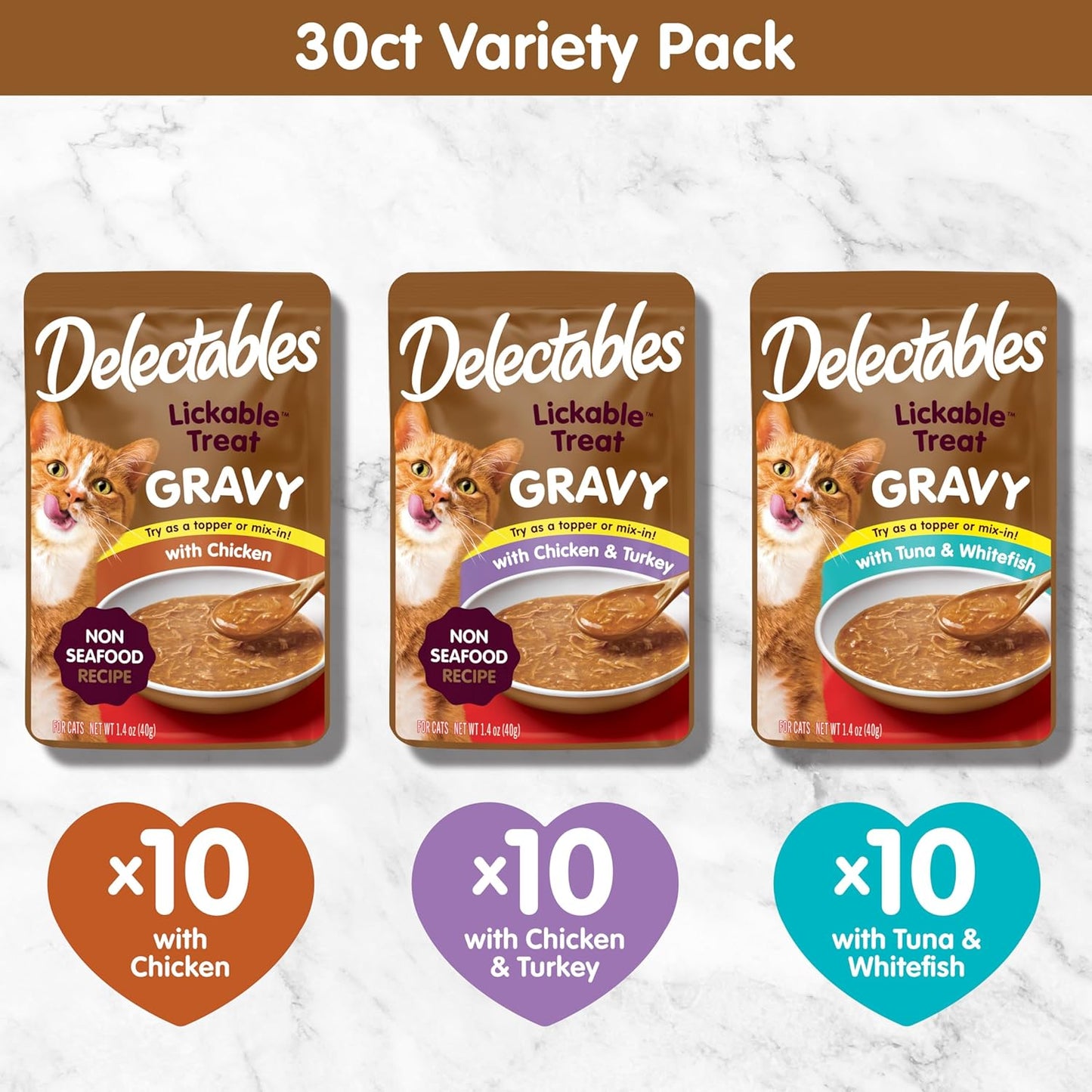 New! Delectables Gravy Lickable Wet Cat Treat & Food Topper, Variety, 30 Pack