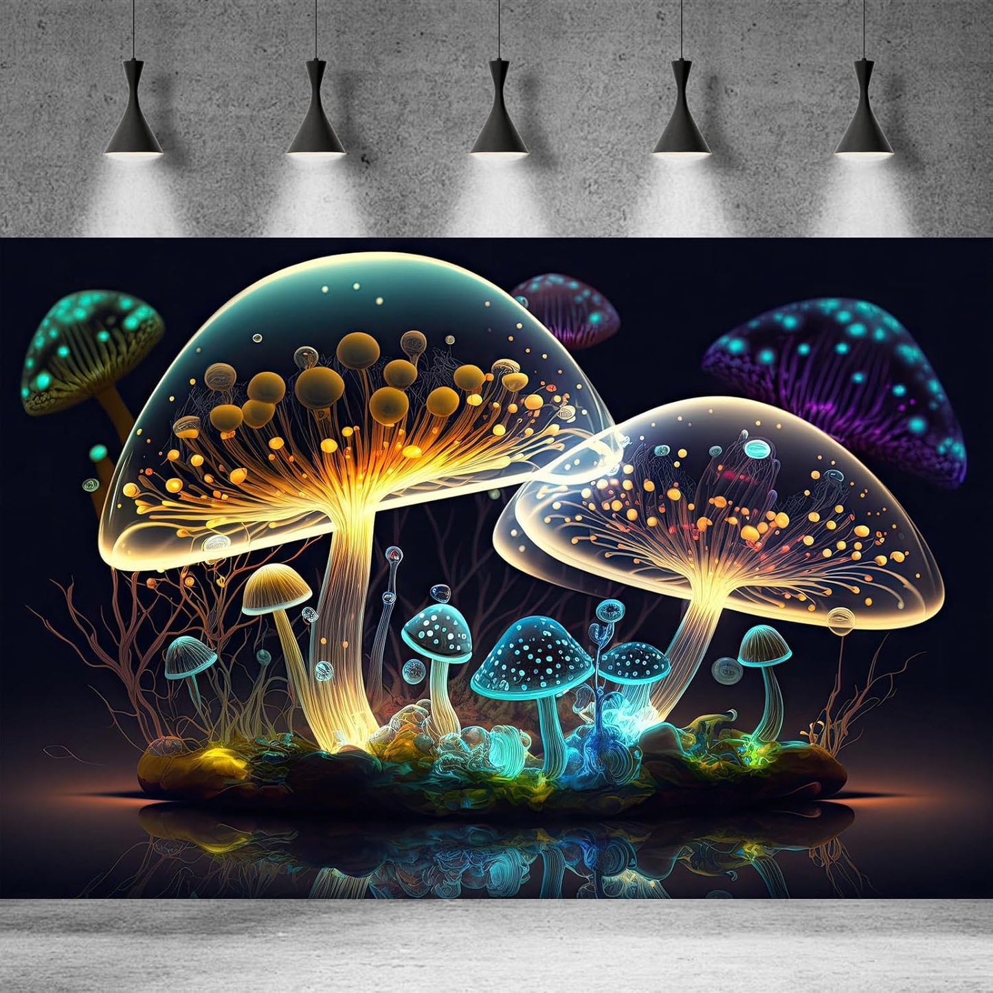 Mushroom Aquarium Background Abstract Glowing Fantasy Mushrooms Terrarium Background Mysterious Forest Magical Night In Circle Shape Crystal Glass Fish Tank Backdrop Decorations Vinyl 36x20in