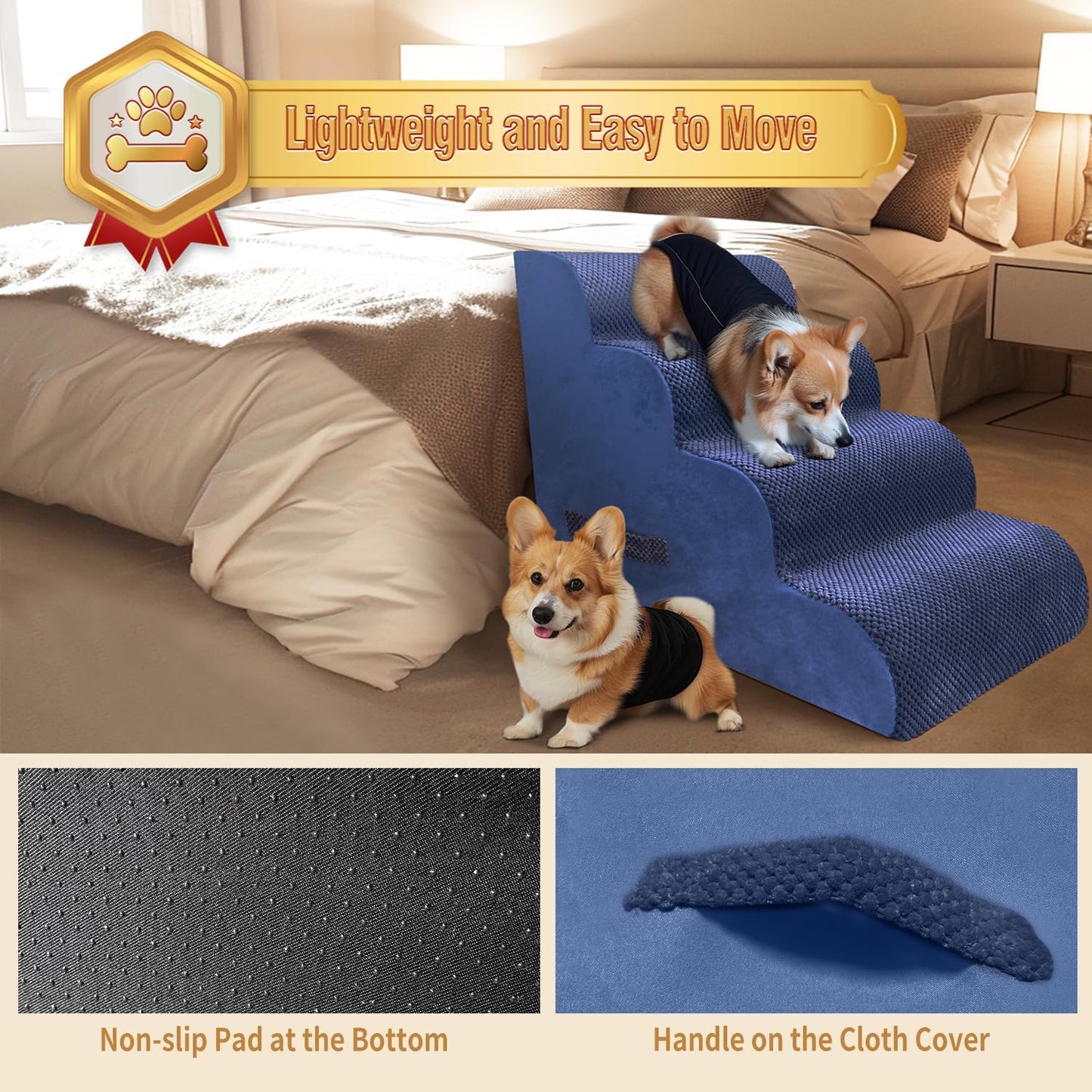 PAWSCART Dog Stairs for Small Dogs and Cats, 4-Step Dog Steps for Bed, 19.6" H Pet Stairs for High Bed, Pet Ramp for Couch, Sofa, Non-Slip Surface Removable Washable Cover, Blue