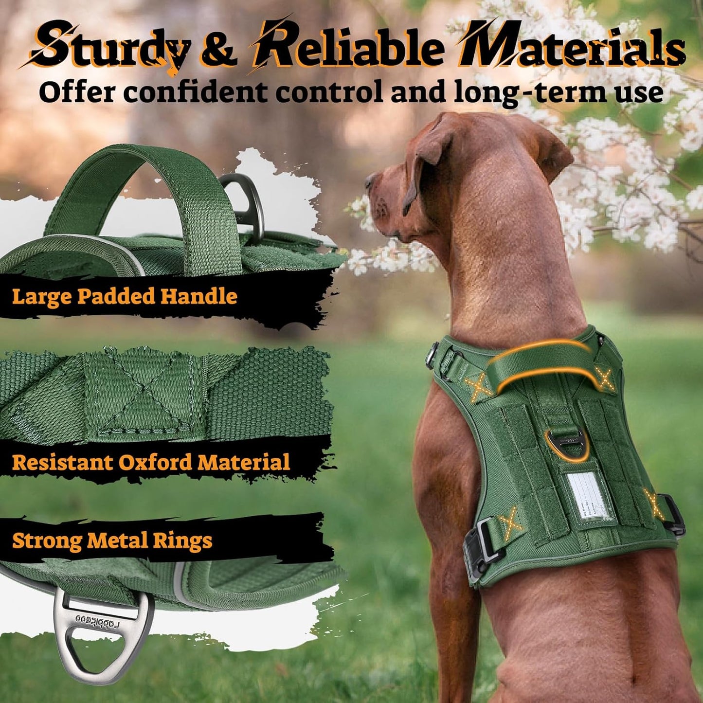 rabbitgoo Dog Harness Medium Sized No Pull, Tactical Service Pet Vest with Molle and Control Handle, Adjustable and Reflective Military Harness for Easy Walking and Training, Green, M