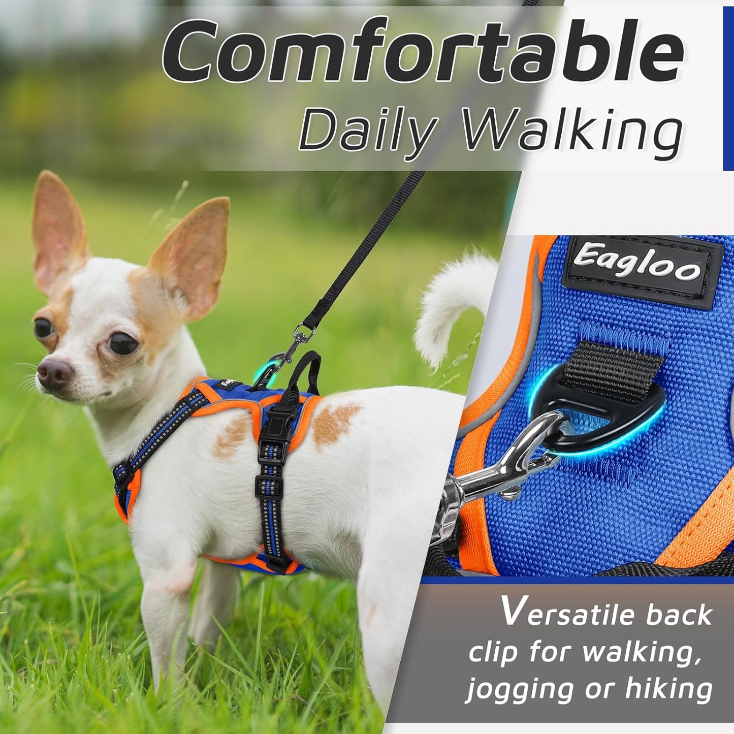 Eagloo Small Dog Harness No Pull, Service Vest with Reflective Strips and Control Handle, Adjustable and Comfortable for Walking, No Choke Pet Harness with 2 Metal Rings, Blue & Orange, XS