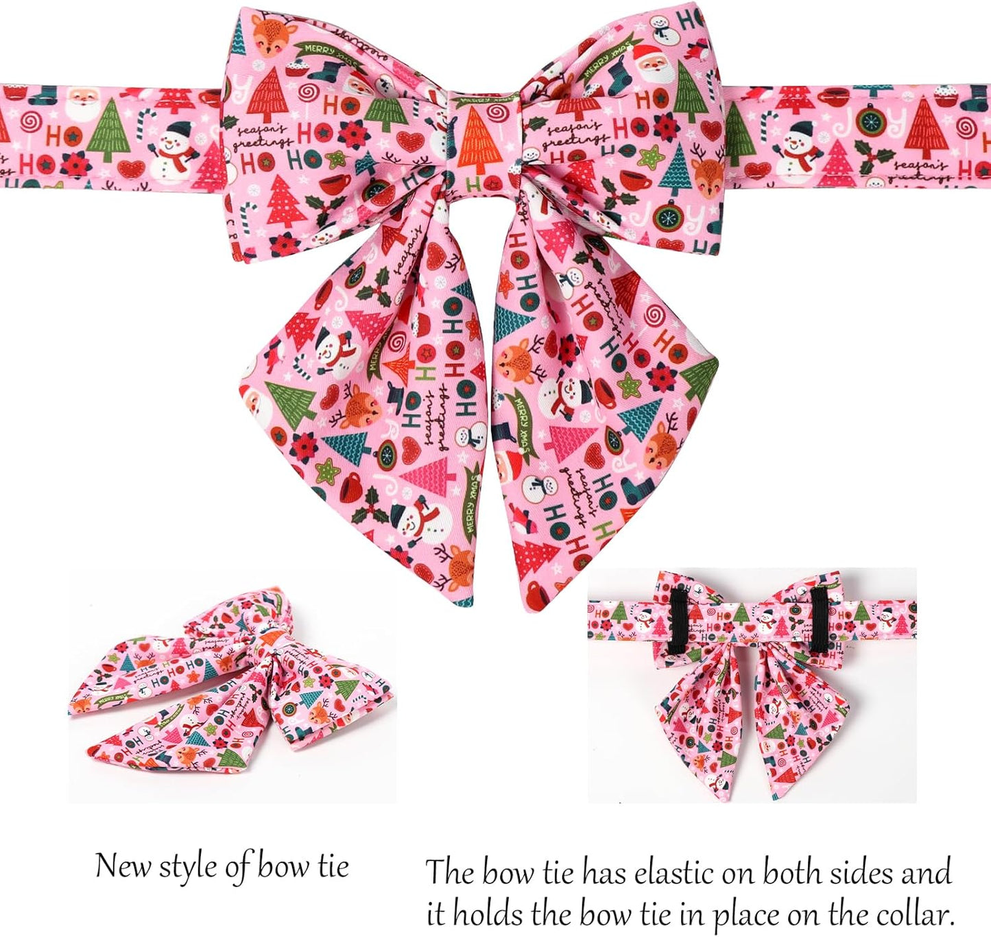 Lionet Paws Christmas Dog Collar with Sailor Bow, Cute Ho Christmas Tree Snowman Pink Dog Collar Bow Tie for Large Dogs, Neck 16-24 inches