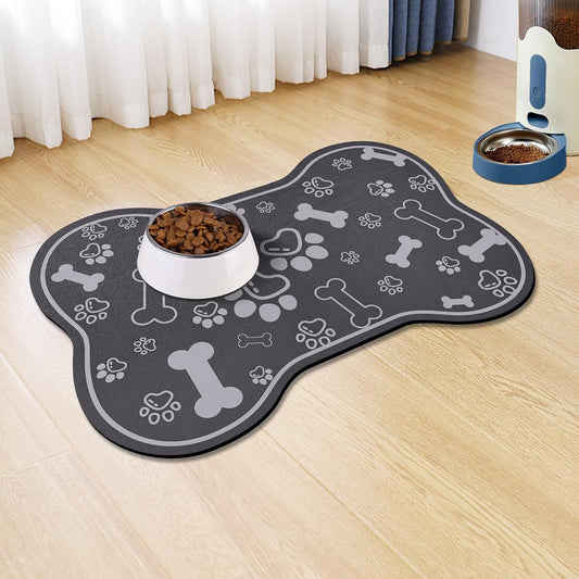 Dog Cat Food Mat,Rapid Absorbent Pet Feeding Mat, Bone Shaped Dog Placemat Water Bowl Mat with Rubber Backing,No Stains Dog Cat Food Mats Indoor, Pet Accessories Supplies 12"x18" Dark Grey