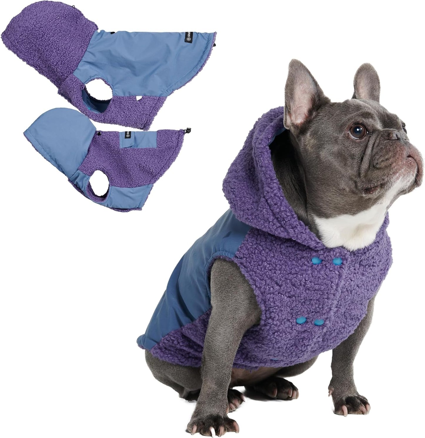Spark Paws Reversible Dog Sweater, Sherpa Jacket Vest with Warm Fleece Lining, Warm Coat for Winter, Suitable for Small Medium, Large, XL XXL Dogs - Purple and Navy Blue - L