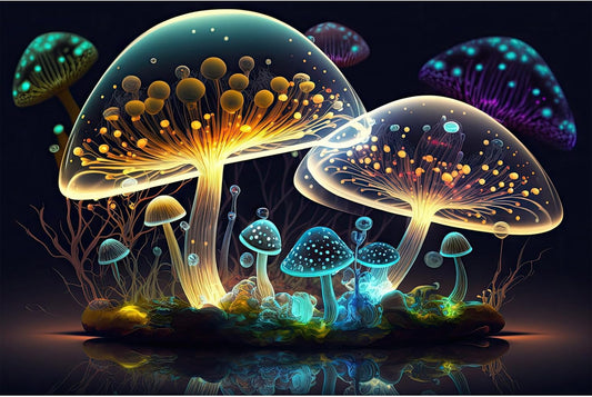 Mushroom Aquarium Background Abstract Glowing Fantasy Mushrooms Terrarium Background Mysterious Forest Magical Night In Circle Shape Crystal Glass Fish Tank Backdrop Decorations Vinyl 48x18in
