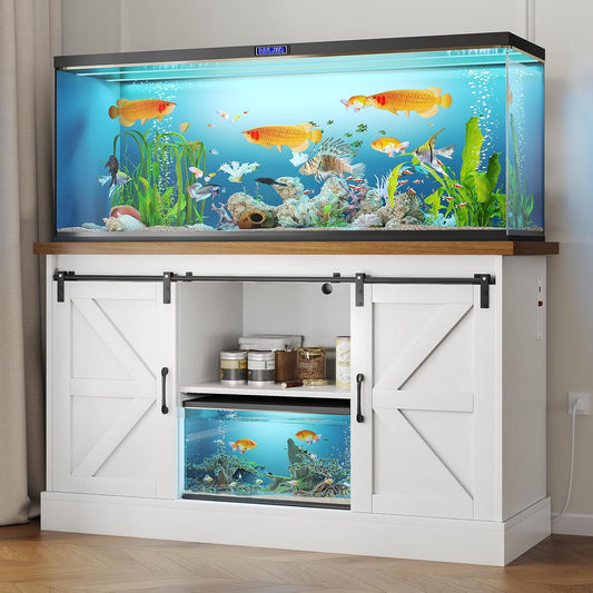 55-75 Gallon Fish Tank Stand with Sliding Barn Doors & Power Outlet, Heavy Duty Aquarium Stand with Cabinet Storage for Fish Tank, Turtle Tank, Reptile Terrarium, 1000LBS Capacity, White