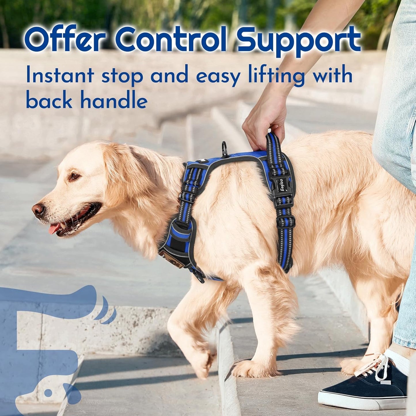 Eagloo Dog Harness Medium Sized, Easy Wearing with 3 Buckles, Adjustable No Pull Pet Harness with 2 Rings for Walking, No Chock Reflective Soft Padded Vest with Control Handle, Blue & Black, M