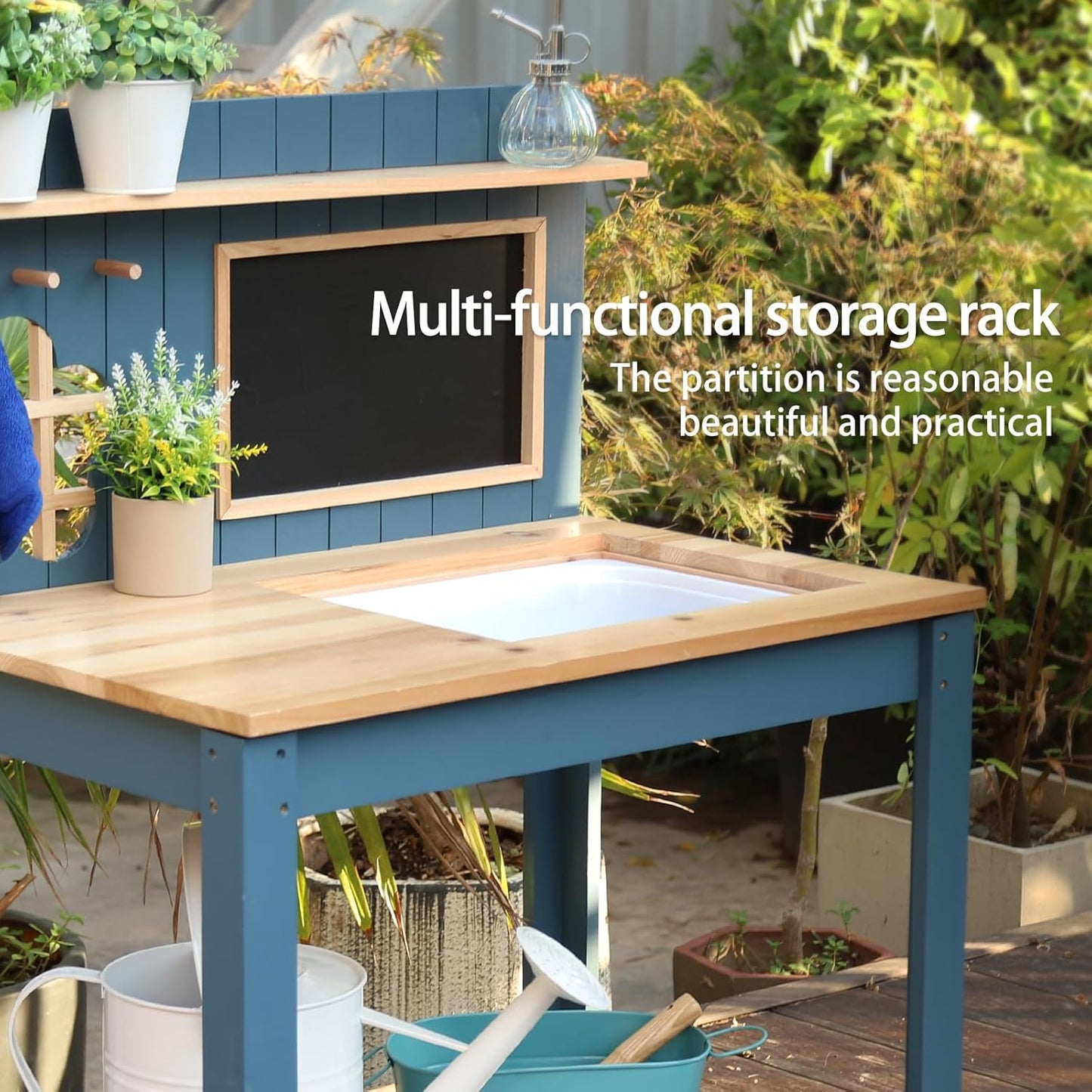 Kids Potting Bench Table Garden Workbench Outdoor Kids Garden Double-Layer Planting Table with Drawing Board Removable Sink,Wood Outdoor Play Kitchen for Toddlers,Backyard and Porch Blue