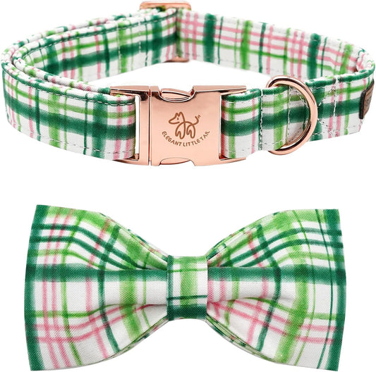 Elegant Little Tail Dog Collar with Bow - Pink with Green Plaid, Cute Bowtie, Adjustable for Medium Dogs