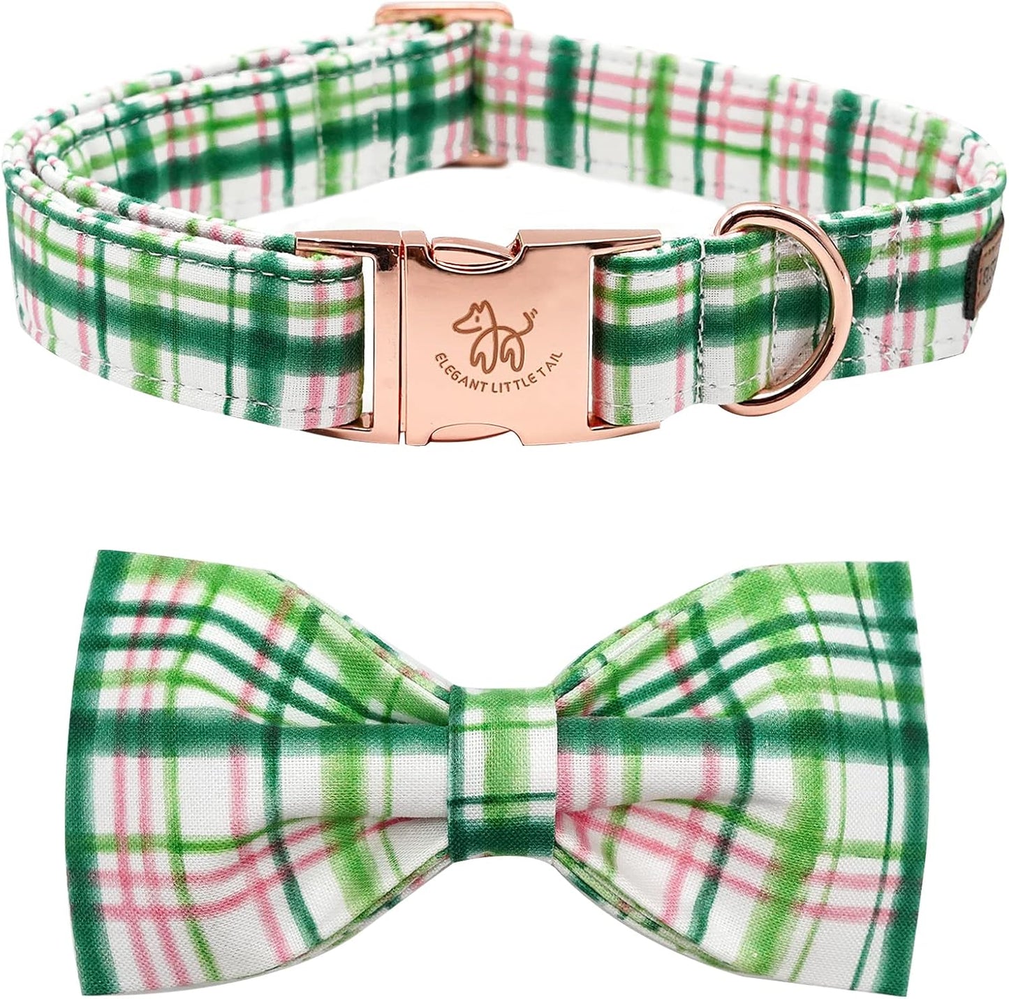 Elegant little tail Dog Collar with Bow - Pink with Green Plaid Boy or Girl Dog Collar Cute Bowtie Pet Collar Adjustable Dog Collar for Large Dogs