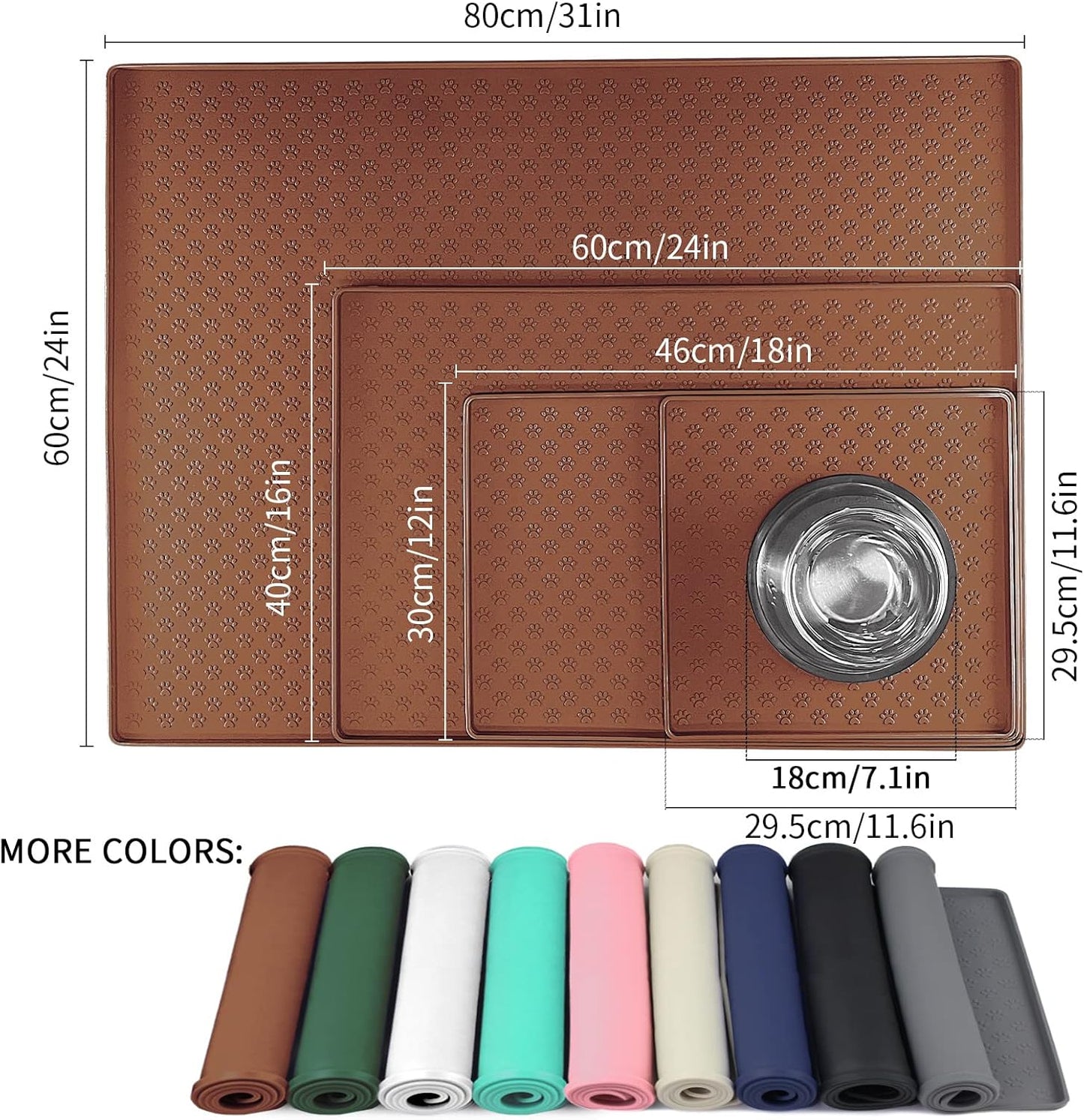 Ptlom Pet Placemat for Dog and Cat, Waterproof Silicone Pet Feeding Bowl Mats for Food and Water, Small Medium Large Dogs Mat Prevent Residues from Spilling to Floor, Brown, 31.5" 23.6"