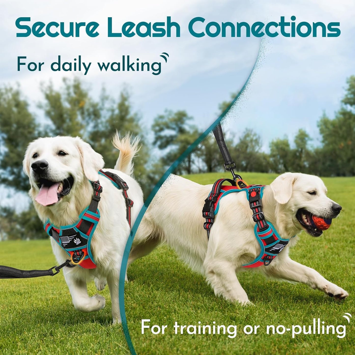 Eagloo Dog Harness for Large Dogs, Easy Wearing with 3 Buckles, Adjustable No Pull Pet Harness with 2 Rings for Walking, No Chock Reflective Soft Padded Vest with Control Handle, Red & Teal, XL