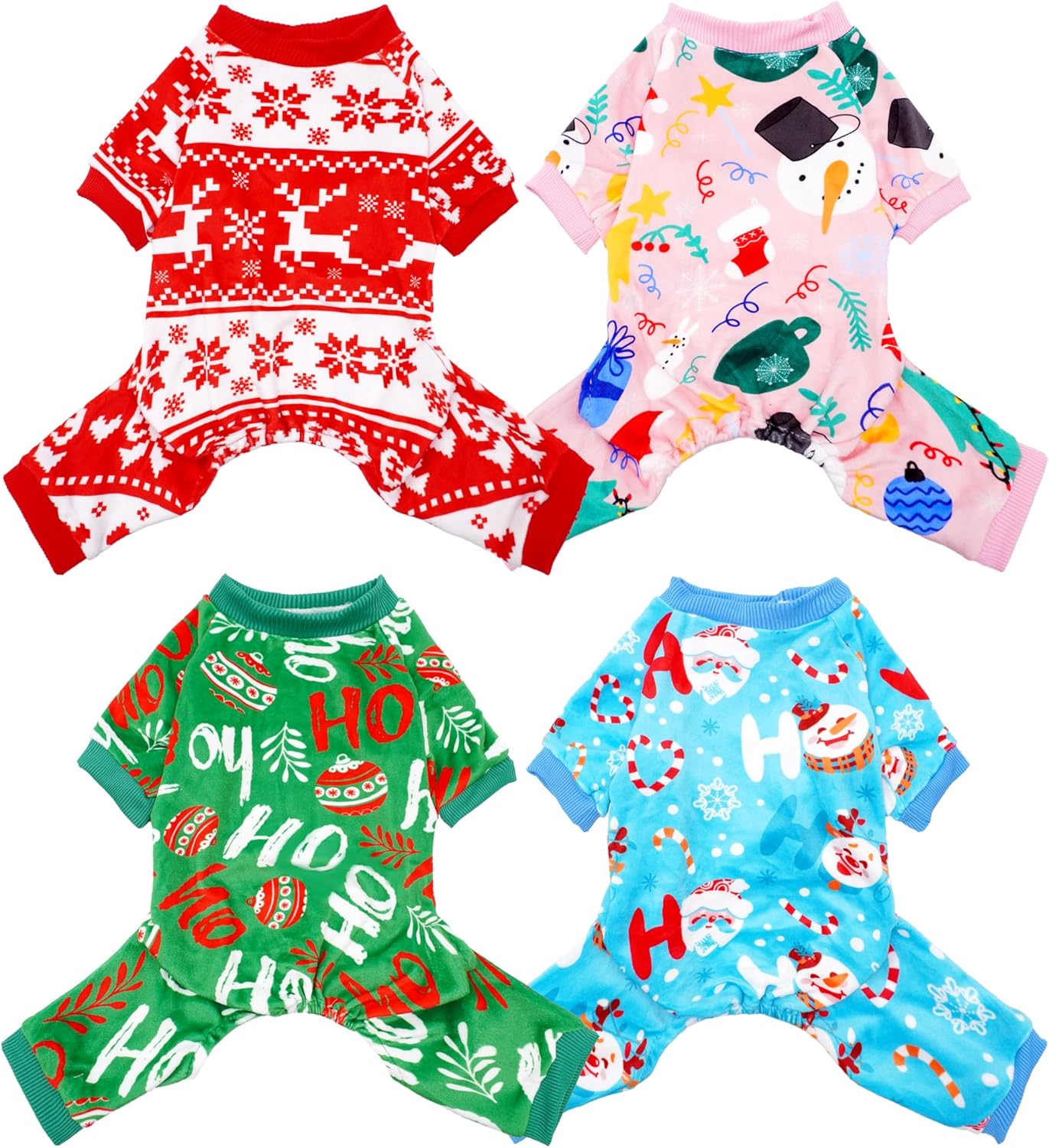 PET SHOW 4 Pack Small Dog Christmas Pajamas Holiday Dog Clothes for Medium Dogs Girl Boy Soft Stretchy PJs Xmas Jumpsuit Puppy Onesies Red Green Outfits with Sleeve Pets Dachshund Costume XL