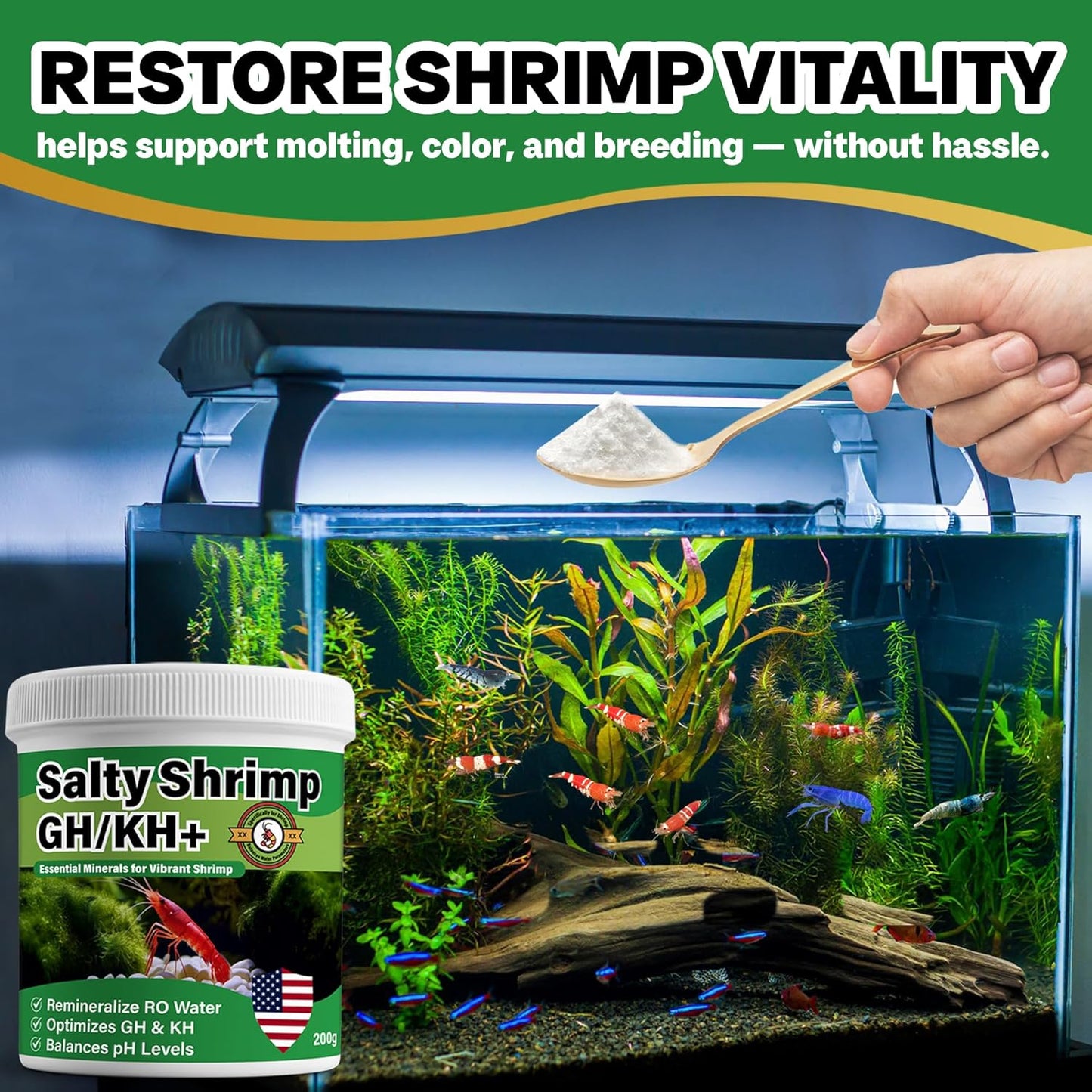 Salty Shrimp GH/KH+ 200G, Keep Your Shrimp Alive, Boost Breeding Healthy & Remineralize RO Water, The Shrimpies Stopped Dying Once You Dripped Our GH/KH+ in with RO Water