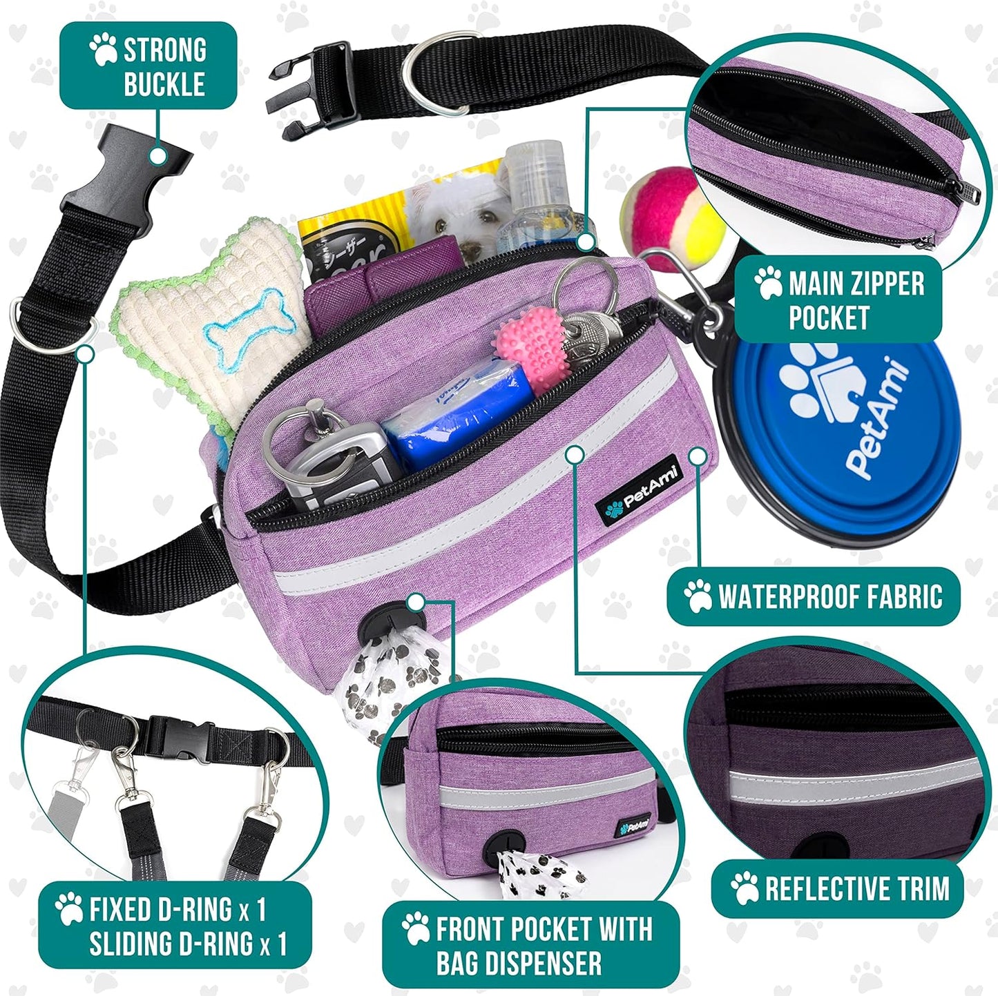 PetAmi Hands Free Dog Leash, Dog Running Leash Belt for Walking Jogging, Dog Waist Zipper Pouch Fanny Pack with Poop Bag Dispenser, Dual Padded Handle Bungee Leash for Small Medium Large Dogs, Double