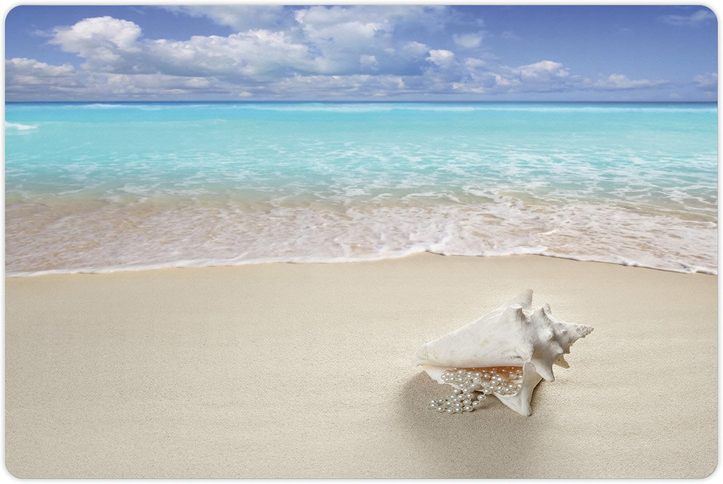 Lunarable Seashells Pet Mat for Food and Water, Beach Sand Pearl Necklace Shell Summer Holiday Caribbean Tropical, Non-Slip Rubber Mat for Dogs and Cats, 18" X 12", Turquoise Coconut