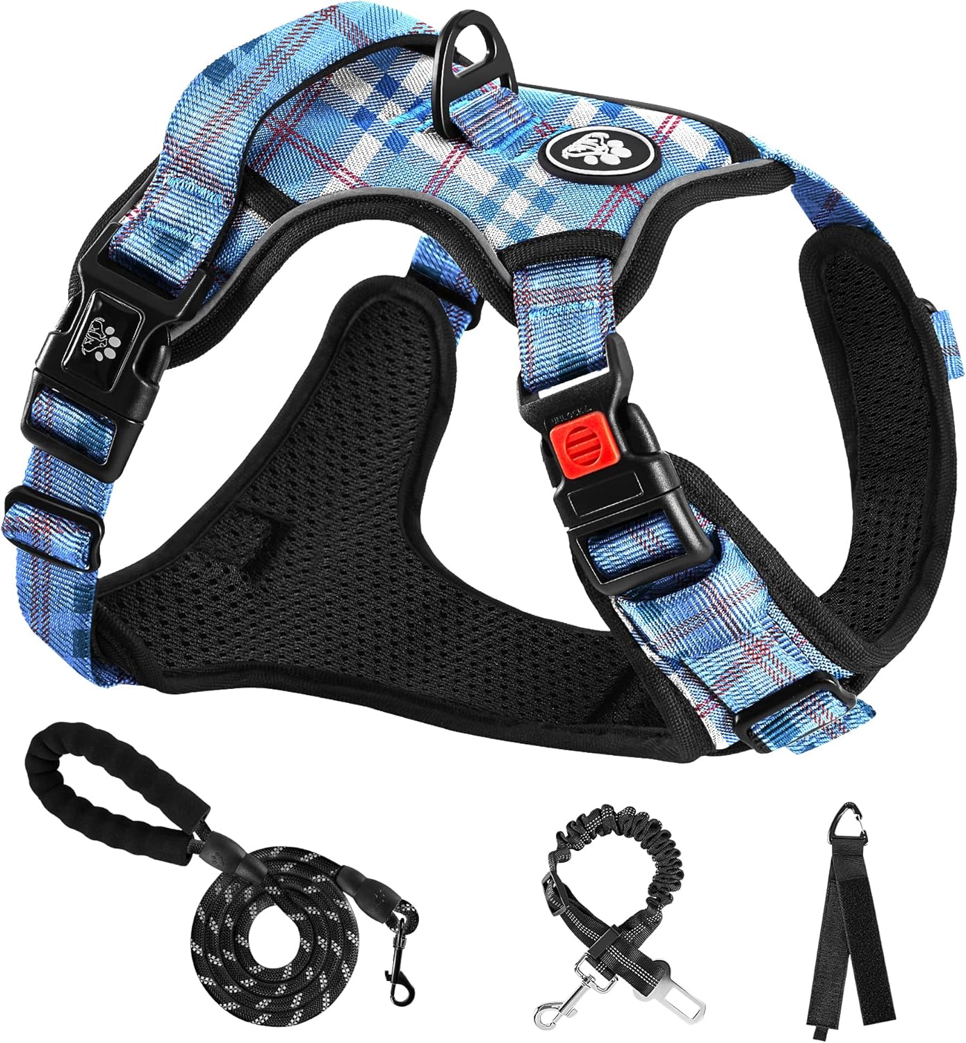 NESTROAD No Pull Dog Harness with Leash, Reflective No Choke Pet Vest Harness,Adjustable Soft Padded Dog Harness with Easy Control Handle for Small Dogs(Checkered Blue,Small)