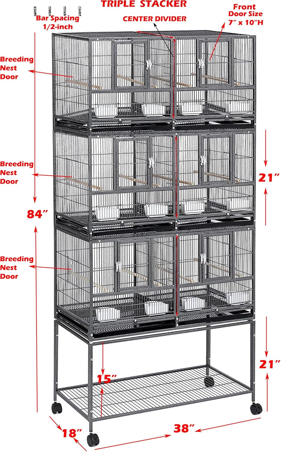 Combo Breeding Stacker Center Divided Breeder Bird Flight Double Rolling Cage with Side Breeding Nest Door (White, Triple Stack)
