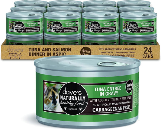 Dave's Pet Food Grain Free Wet Cat Food (Tuna Entrée in Gravy), Naturally Healthy Canned, Added Vitamins & Minerals, Wheat & Gluten-Free, 3 oz (24 Pack)