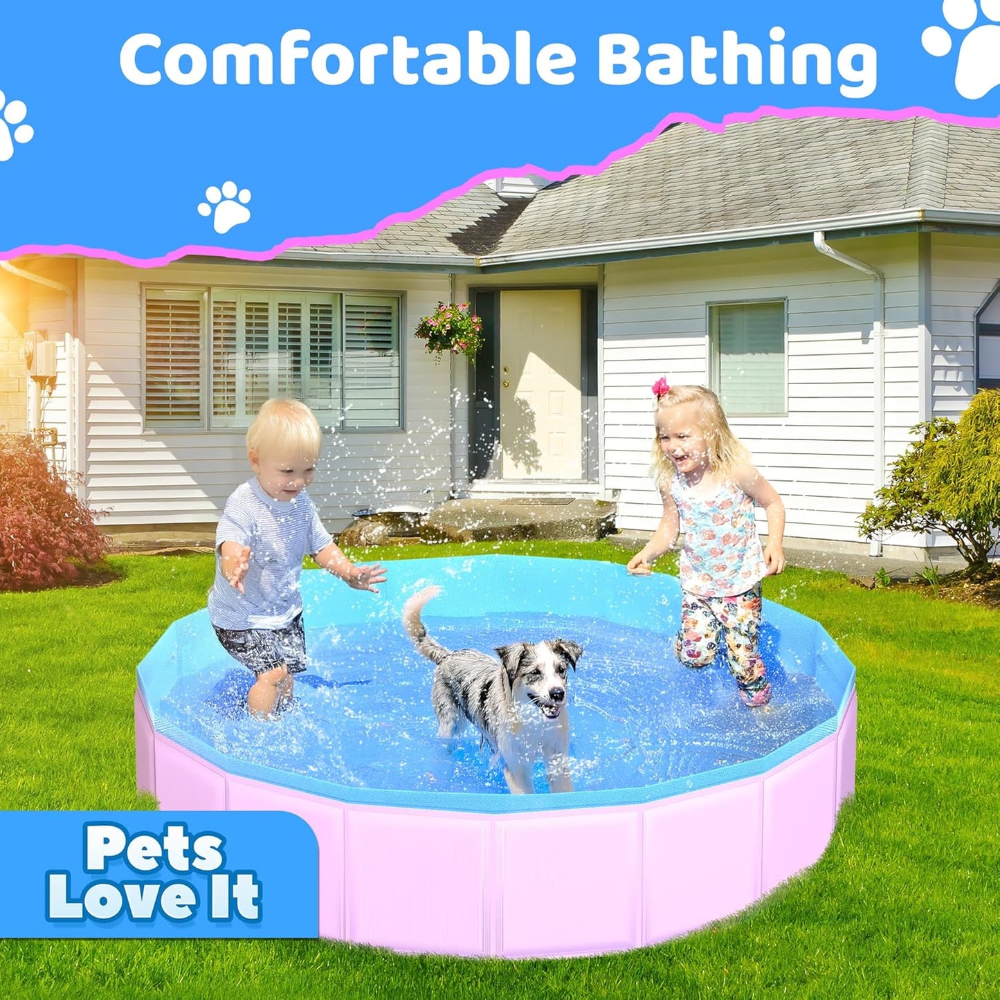 2025 Updated Foldable Dog Pool, 47" x 12" Kiddie Pool with Hard Plastic, Non-Slip Dog Bath Tub for Outdoor Backyard, Collapsible Dog Swimming Pool for Kids Dogs Pets (Pink)