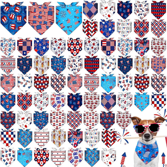 72 Pcs Veterans Day Dog Bandanas Bulk Patriotic Triangle Scarf Cat Puppy Bibs Scarf Blue White and Red Pet Bandanas for Puppy Cat Birthday Party Costume