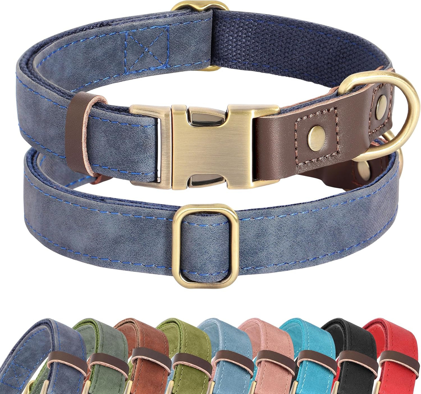 Didog Soft PU Leather Dog Collars for Medium Dogs,Classic Adjustable Dog Collars with Quick Release Metal Buckle,Easy Clean and Comfortable with Nylon Lining,Blue,M Neck 13-19"