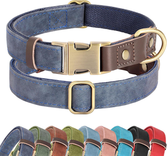 Didog Soft PU Leather Dog Collars for Medium Dogs,Classic Adjustable Dog Collars with Quick Release Metal Buckle,Easy Clean and Comfortable with Nylon Lining,Blue,M Neck 13-19"